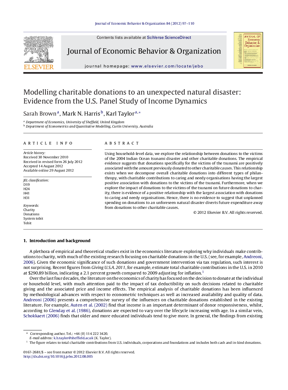 Modelling charitable donations to an unexpected natural disaster: Evidence from the U.S. Panel Study of Income Dynamics