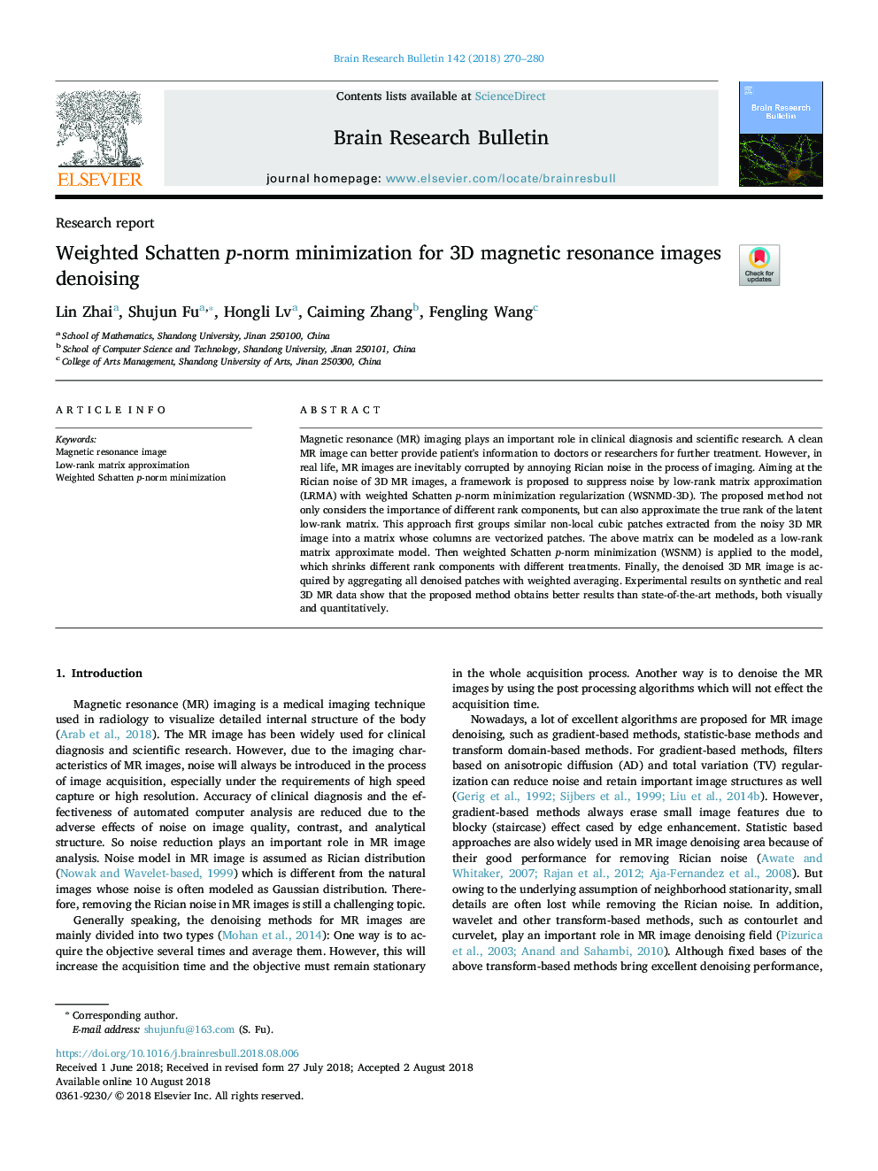 Weighted Schatten p-norm minimization for 3D magnetic resonance images denoising