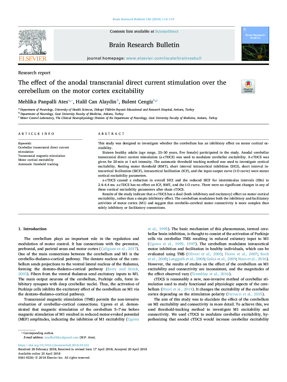 The effect of the anodal transcranial direct current stimulation over the cerebellum on the motor cortex excitability