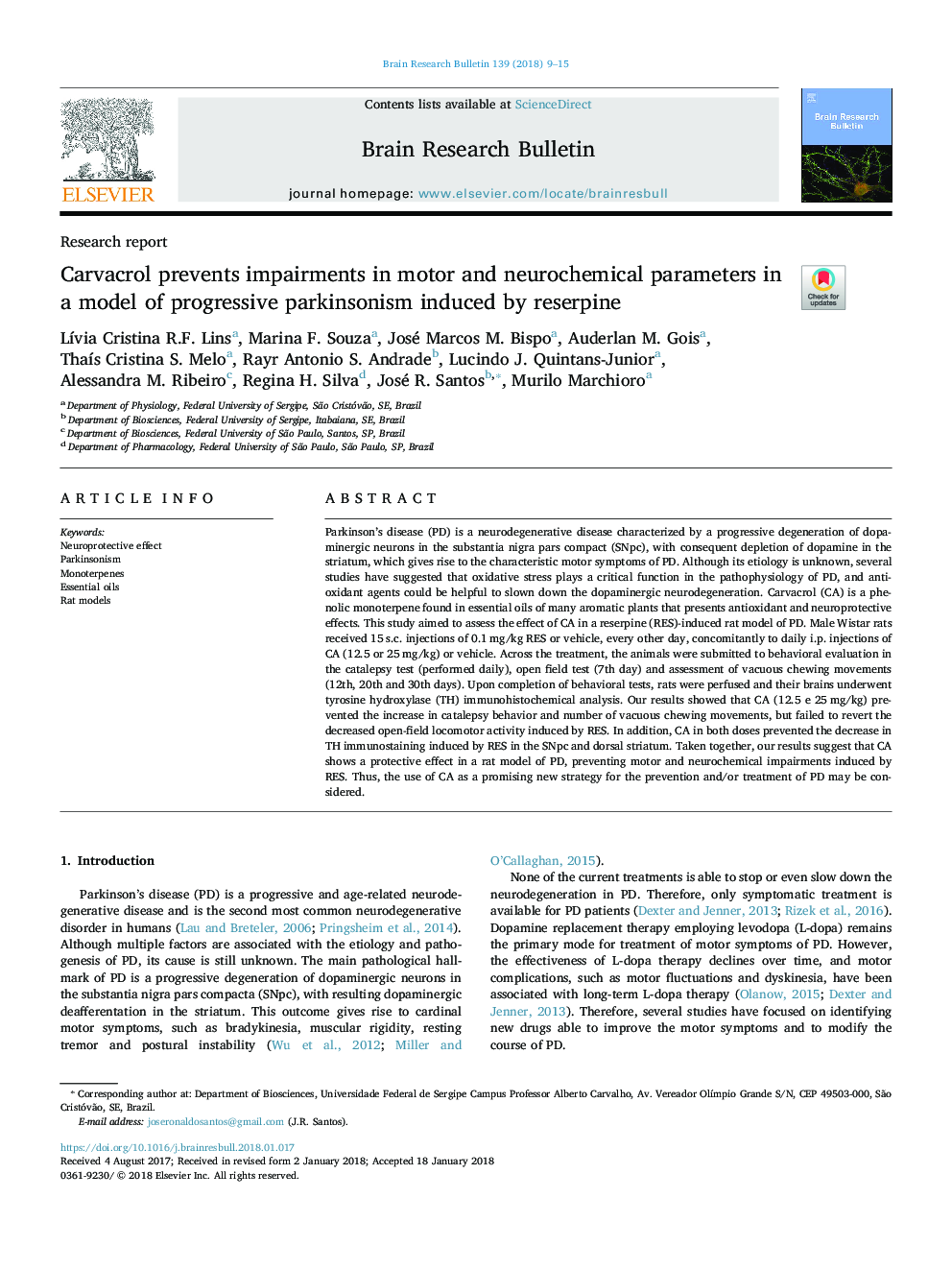 Carvacrol prevents impairments in motor and neurochemical parameters in a model of progressive parkinsonism induced by reserpine