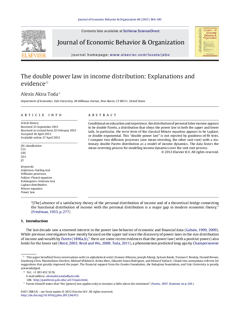 The double power law in income distribution: Explanations and evidence 