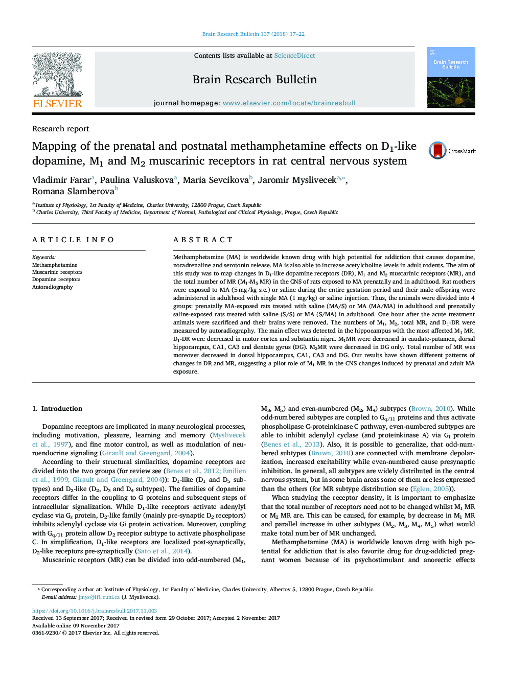 Mapping of the prenatal and postnatal methamphetamine effects on D1-like dopamine, M1 and M2 muscarinic receptors in rat central nervous system