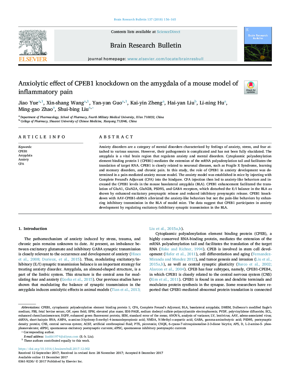Anxiolytic effect of CPEB1 knockdown on the amygdala of a mouse model of inflammatory pain