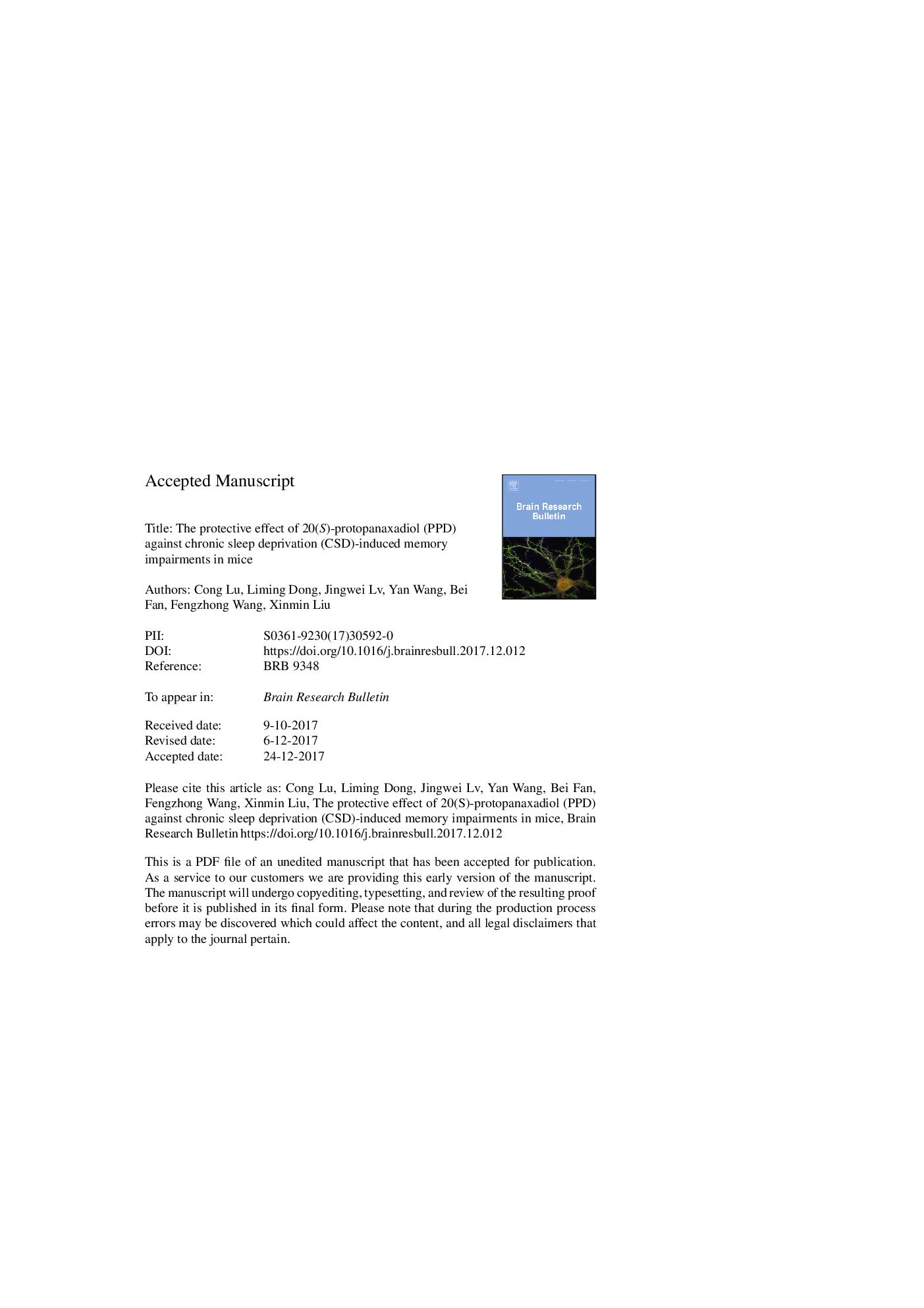 The protective effect of 20(S)-protopanaxadiol (PPD) against chronic sleep deprivation (CSD)-induced memory impairments in mice