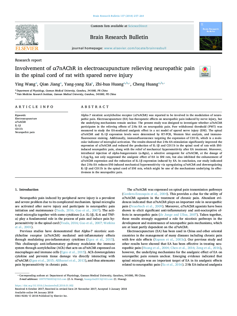 Involvement of Î±7nAChR in electroacupuncture relieving neuropathic pain in the spinal cord of rat with spared nerve injury