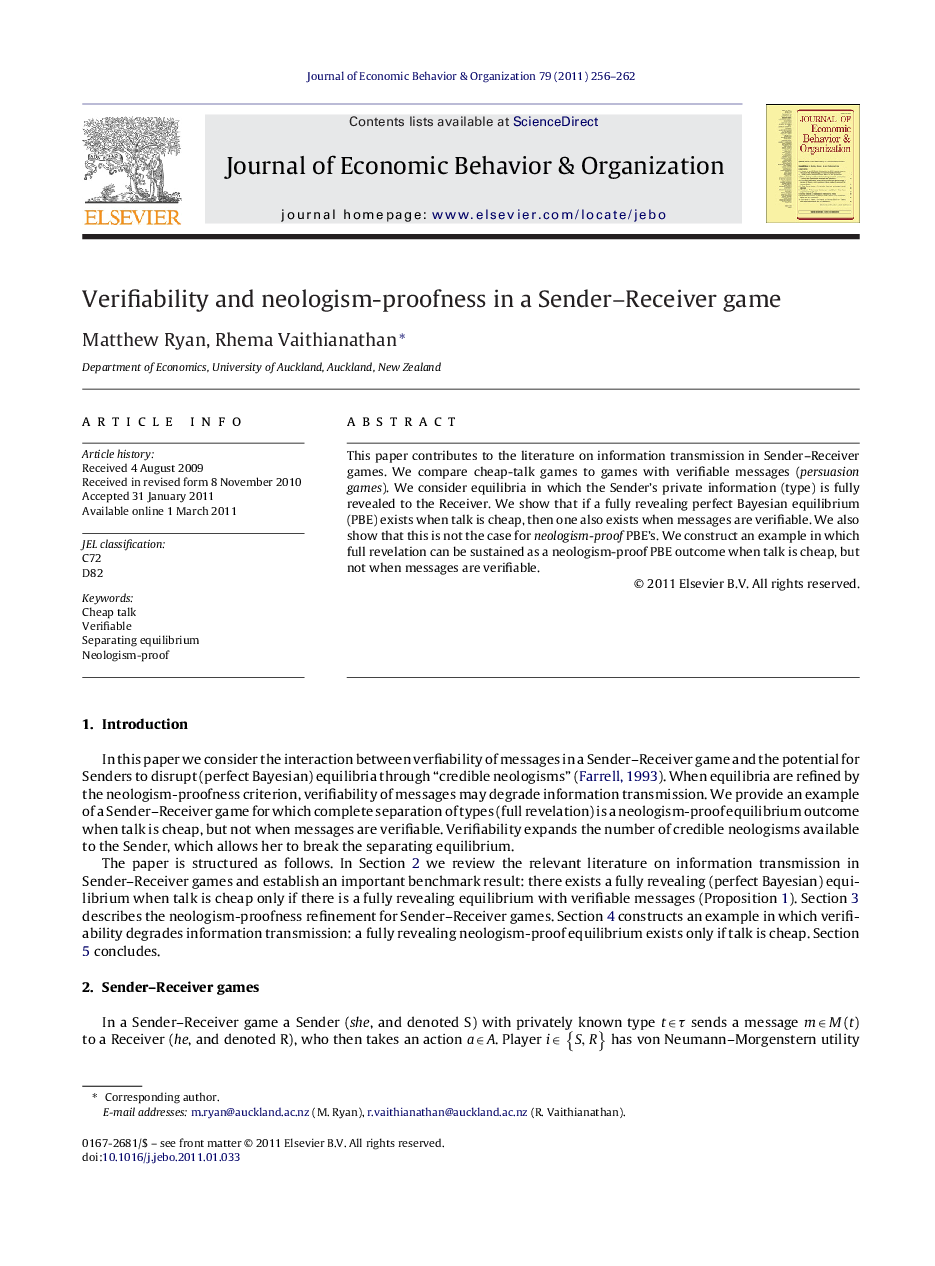 Verifiability and neologism-proofness in a Sender–Receiver game