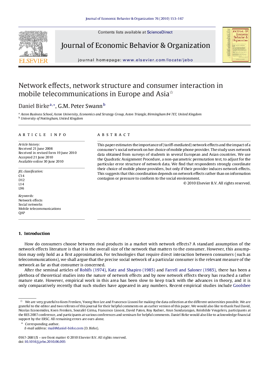 Network effects, network structure and consumer interaction in mobile telecommunications in Europe and Asia 