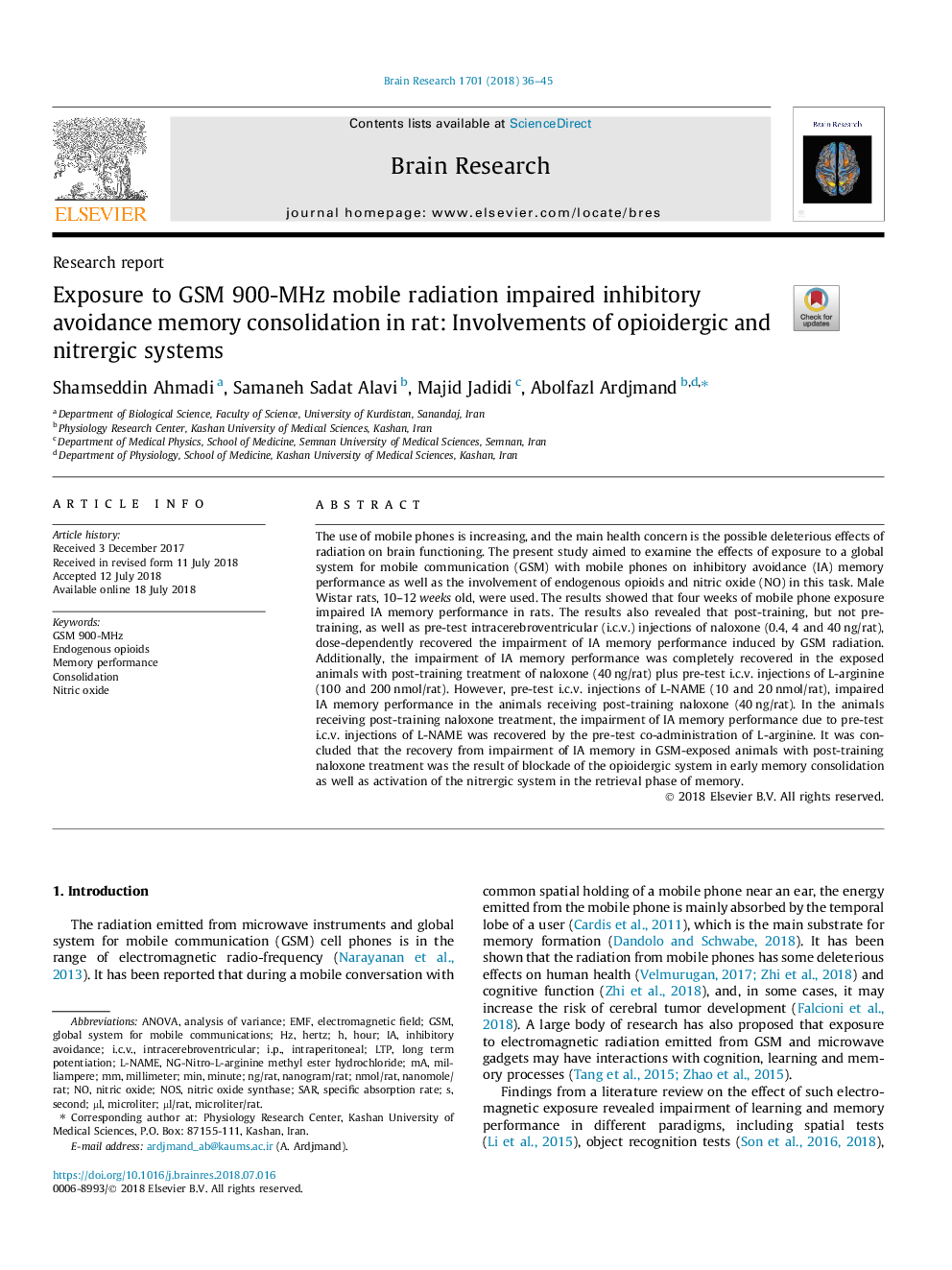 Exposure to GSM 900-MHz mobile radiation impaired inhibitory avoidance memory consolidation in rat: Involvements of opioidergic and nitrergic systems