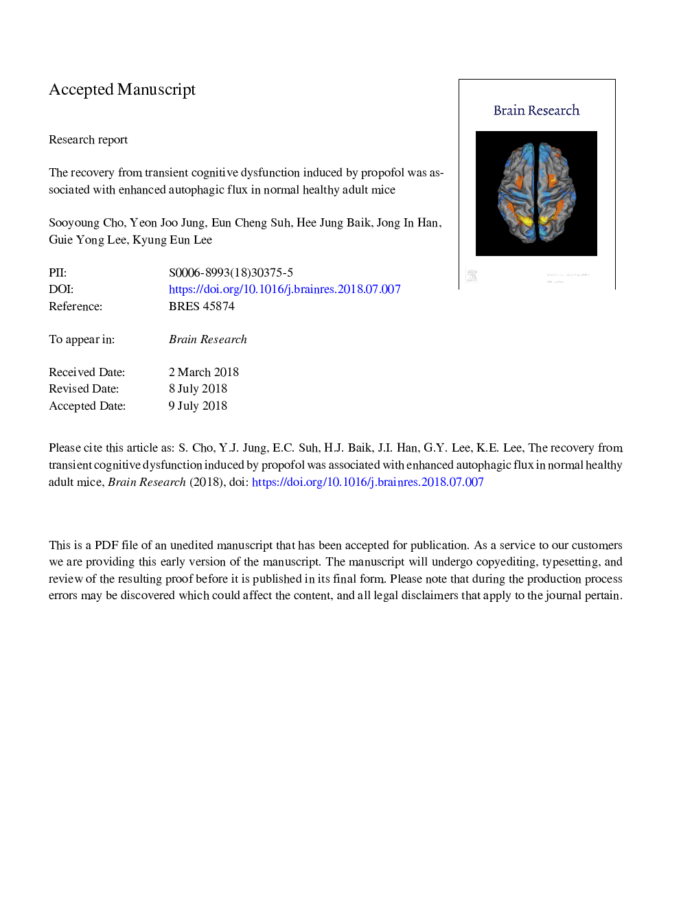 The recovery from transient cognitive dysfunction induced by propofol was associated with enhanced autophagic flux in normal healthy adult mice