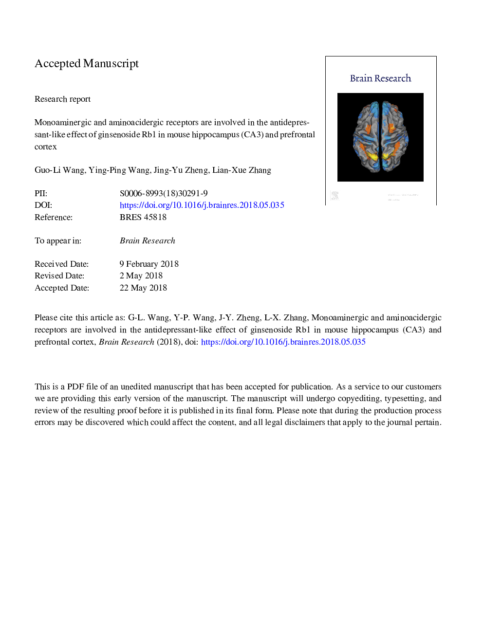 Monoaminergic and aminoacidergic receptors are involved in the antidepressant-like effect of ginsenoside Rb1 in mouse hippocampus (CA3) and prefrontal cortex