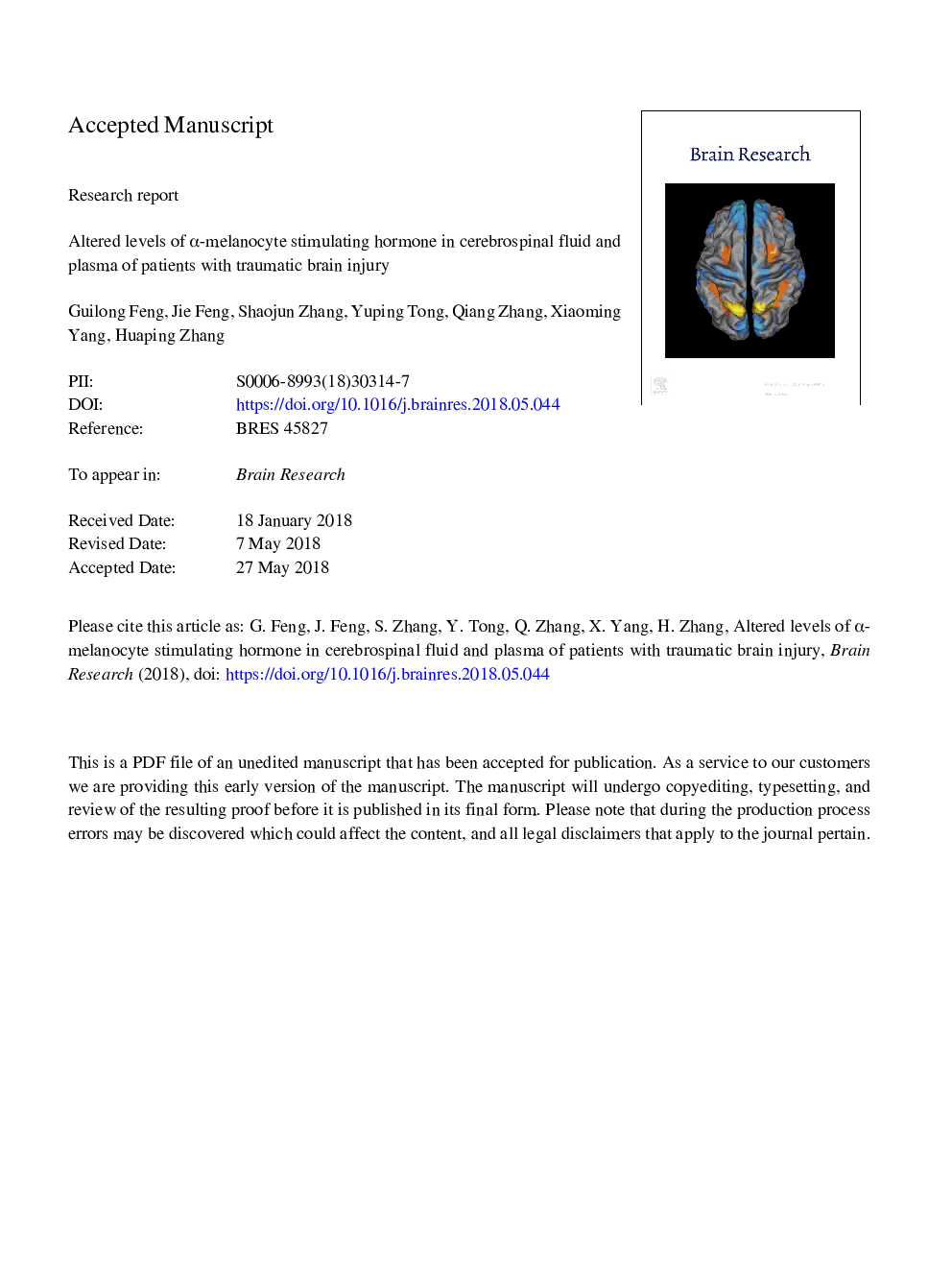 Altered levels of Î±-melanocyte stimulating hormone in cerebrospinal fluid and plasma of patients with traumatic brain injury