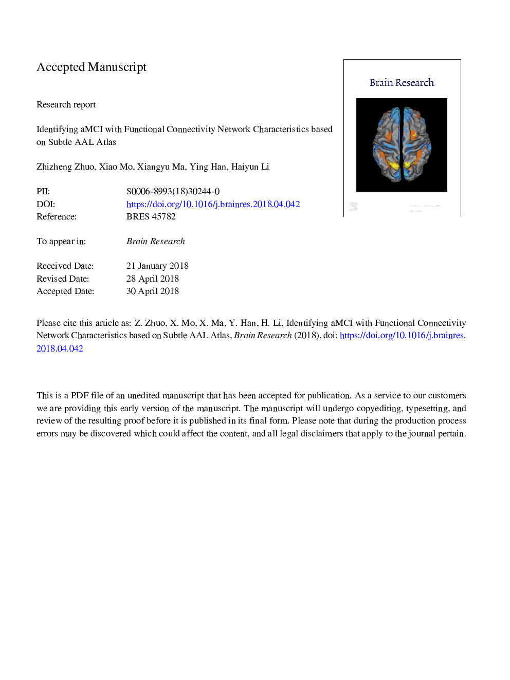 Identifying aMCI with functional connectivity network characteristics based on subtle AAL atlas