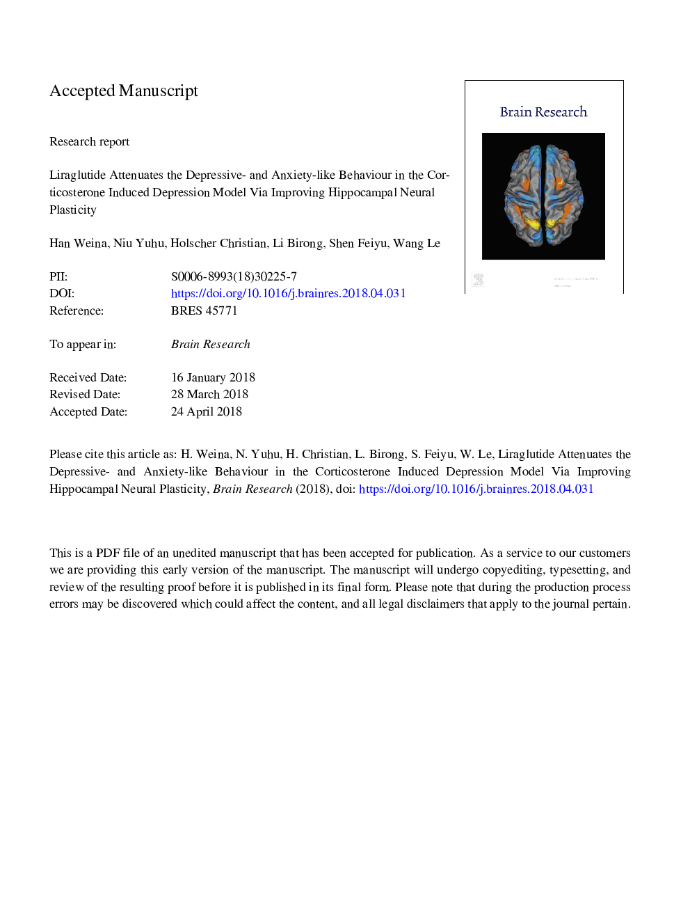 Liraglutide attenuates the depressive- and anxiety-like behaviour in the corticosterone induced depression model via improving hippocampal neural plasticity