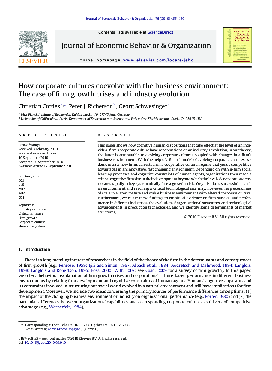 How corporate cultures coevolve with the business environment: The case of firm growth crises and industry evolution