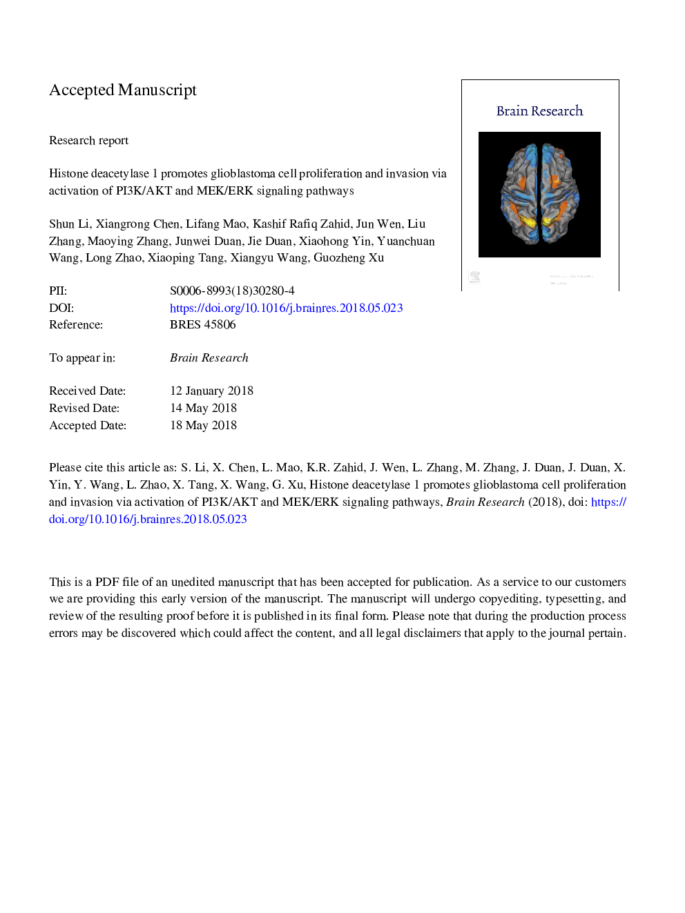 Histone deacetylase 1 promotes glioblastoma cell proliferation and invasion via activation of PI3K/AKT and MEK/ERK signaling pathways