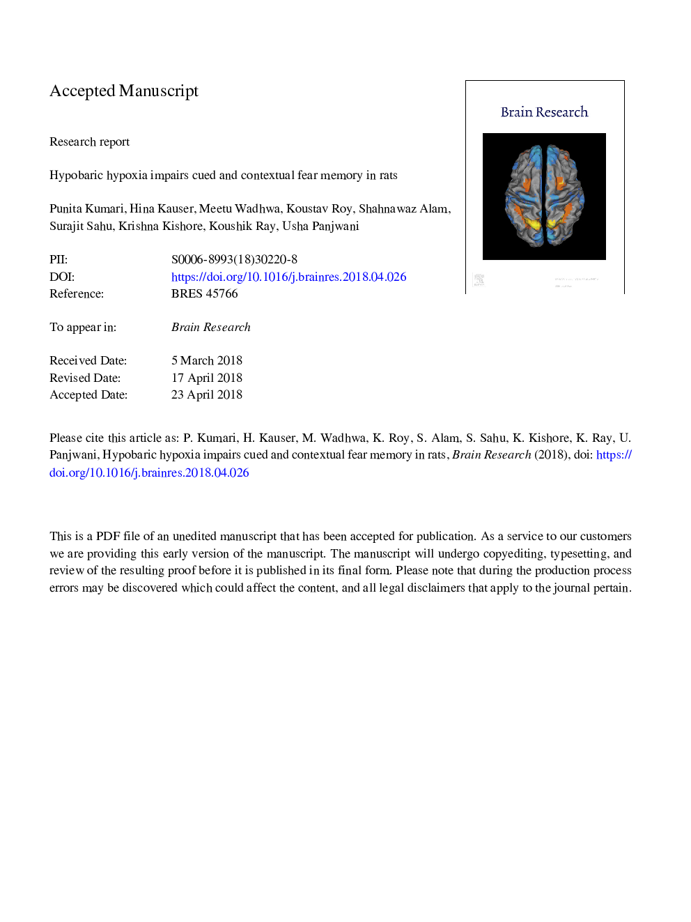 Hypobaric hypoxia impairs cued and contextual fear memory in rats