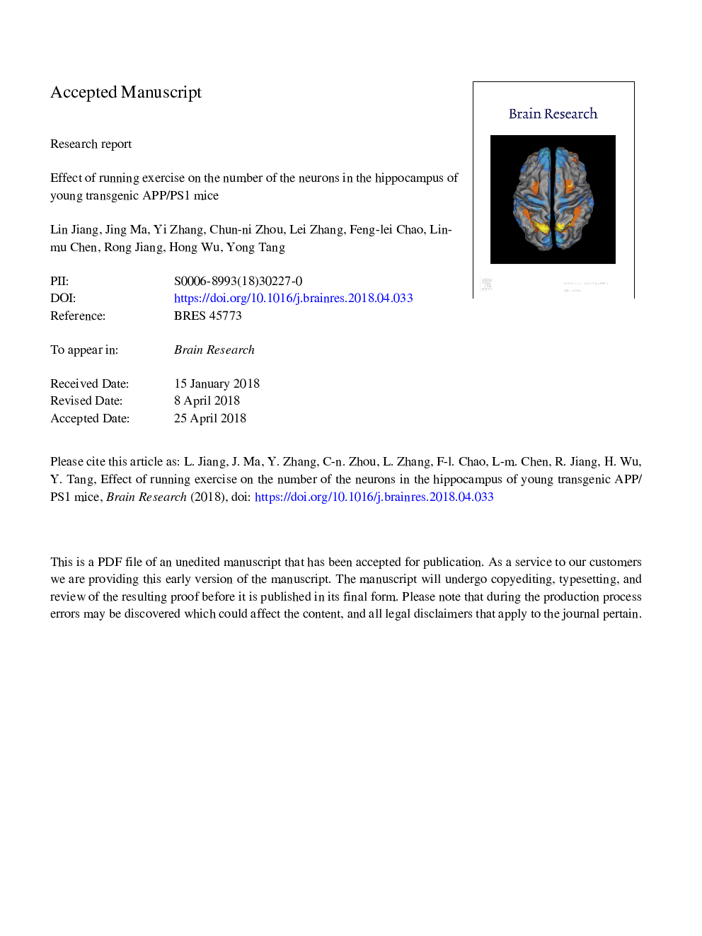 Effect of running exercise on the number of the neurons in the hippocampus of young transgenic APP/PS1 mice