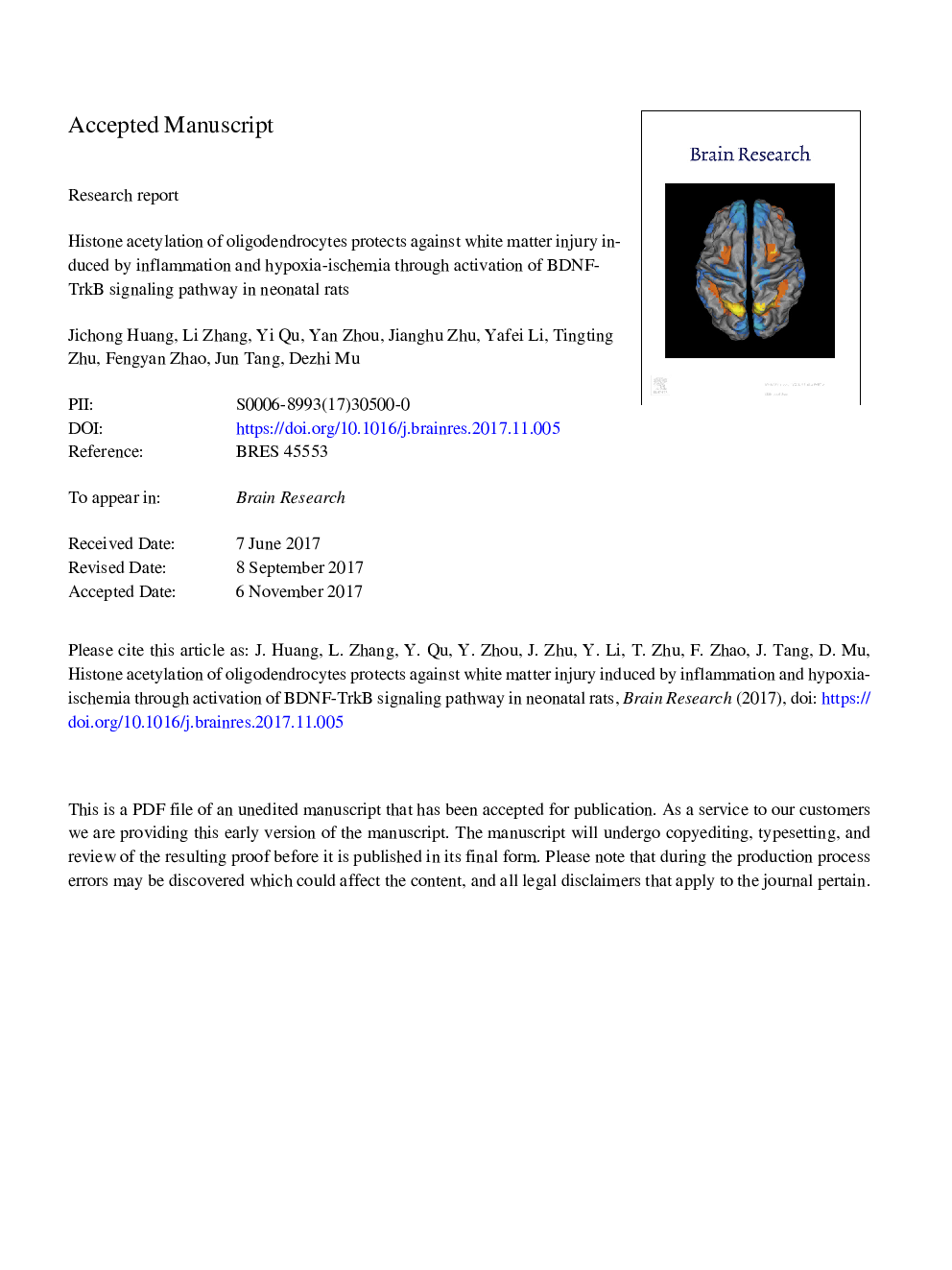 Histone acetylation of oligodendrocytes protects against white matter injury induced by inflammation and hypoxia-ischemia through activation of BDNF-TrkB signaling pathway in neonatal rats