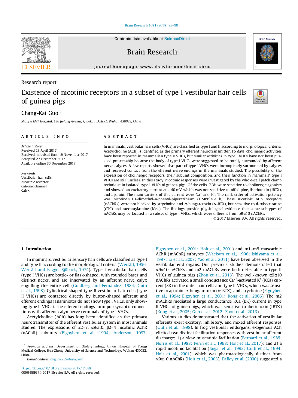 Existence of nicotinic receptors in a subset of type I vestibular hair cells of guinea pigs