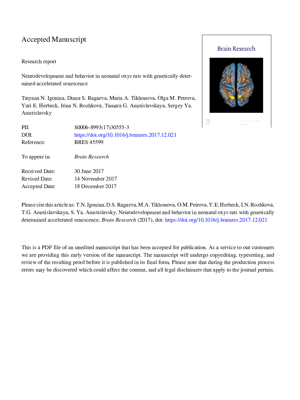 Neurodevelopment and behavior in neonatal OXYS rats with genetically determined accelerated senescence