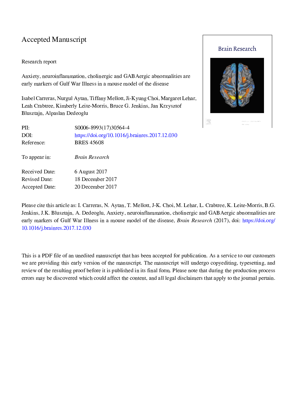 Anxiety, neuroinflammation, cholinergic and GABAergic abnormalities are early markers of Gulf War illness in a mouse model of the disease