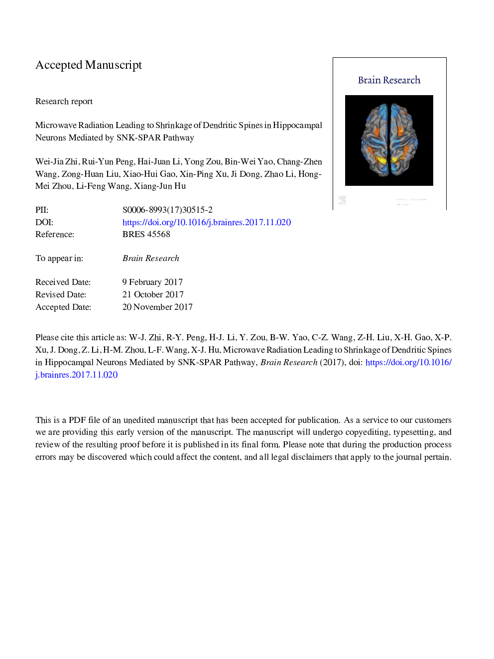 Microwave radiation leading to shrinkage of dendritic spines in hippocampal neurons mediated by SNK-SPAR pathway