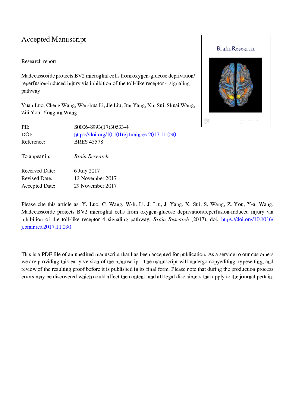 Madecassoside protects BV2 microglial cells from oxygen-glucose deprivation/reperfusion-induced injury via inhibition of the toll-like receptor 4 signaling pathway