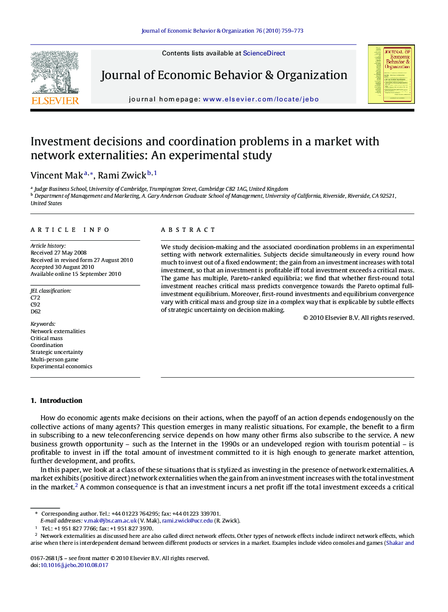 Investment decisions and coordination problems in a market with network externalities: An experimental study