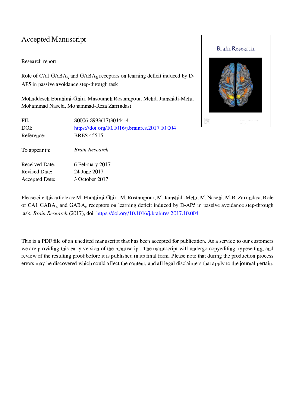 Role of CA1 GABAA and GABAB receptors on learning deficit induced by D-AP5 in passive avoidance step-through task