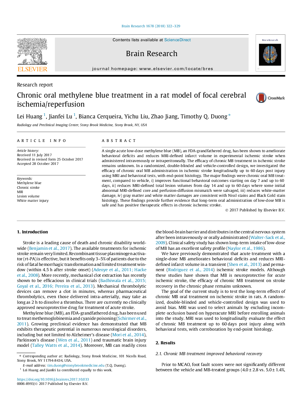 Chronic oral methylene blue treatment in a rat model of focal cerebral ischemia/reperfusion