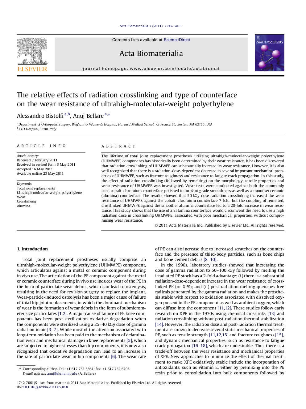 The relative effects of radiation crosslinking and type of counterface on the wear resistance of ultrahigh-molecular-weight polyethylene