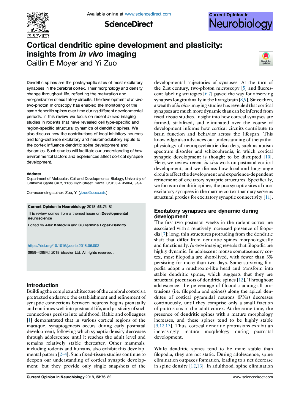 Cortical dendritic spine development and plasticity: insights from in vivo imaging