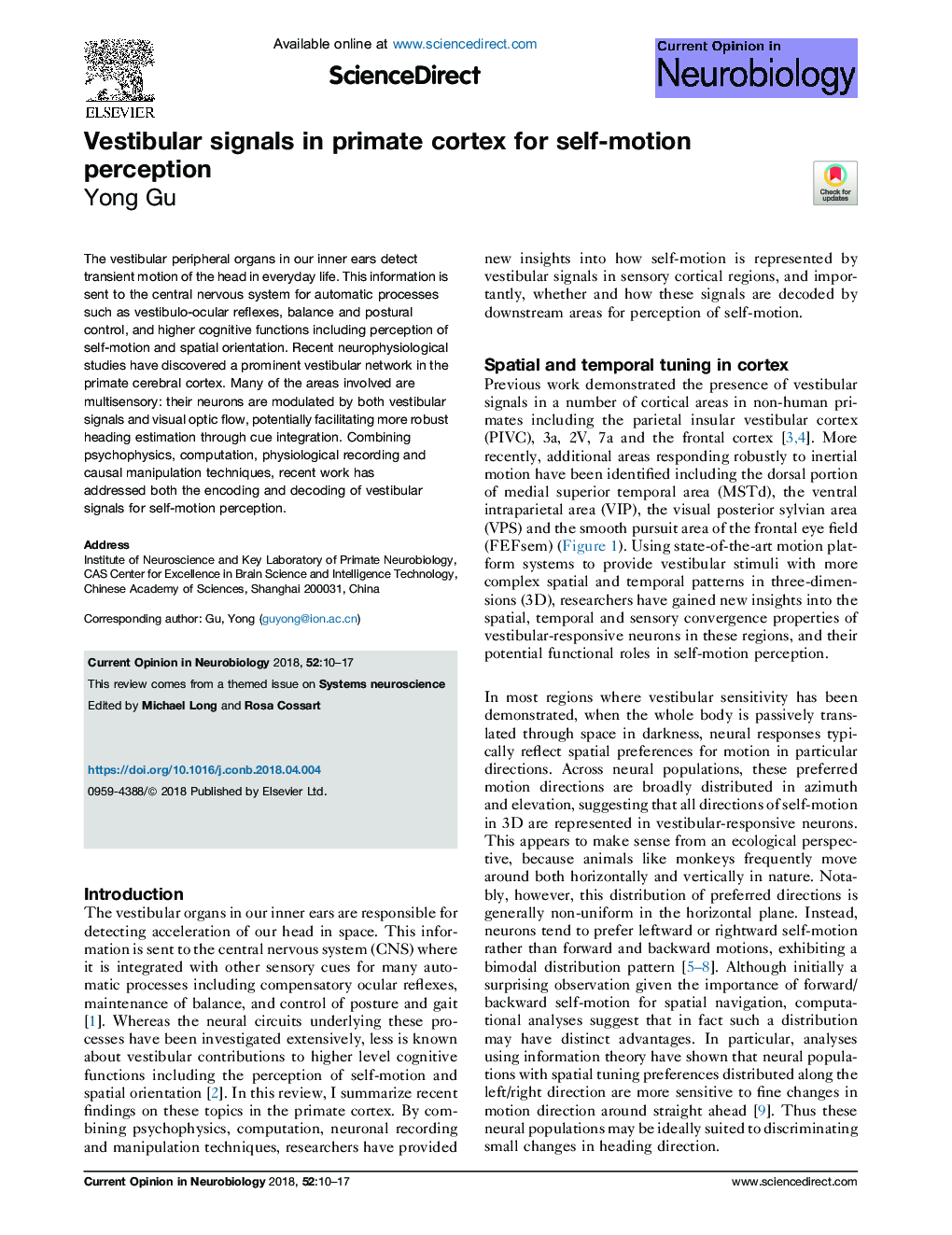 Vestibular signals in primate cortex for self-motion perception