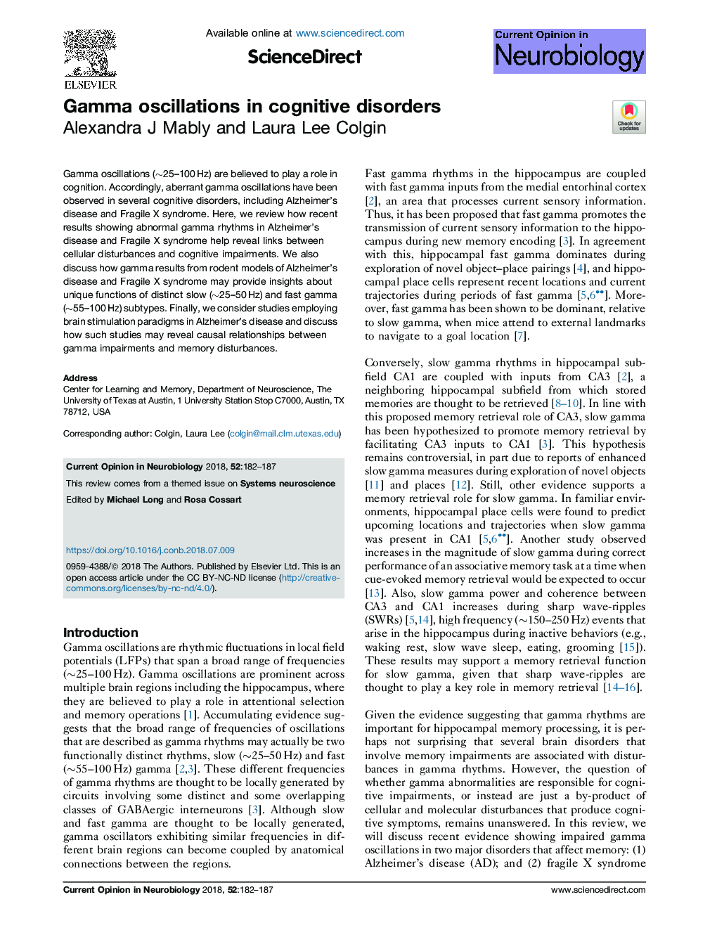 Gamma oscillations in cognitive disorders