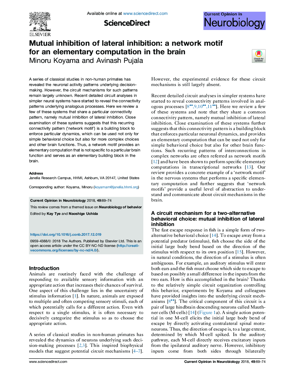 Mutual inhibition of lateral inhibition: a network motif for an elementary computation in the brain