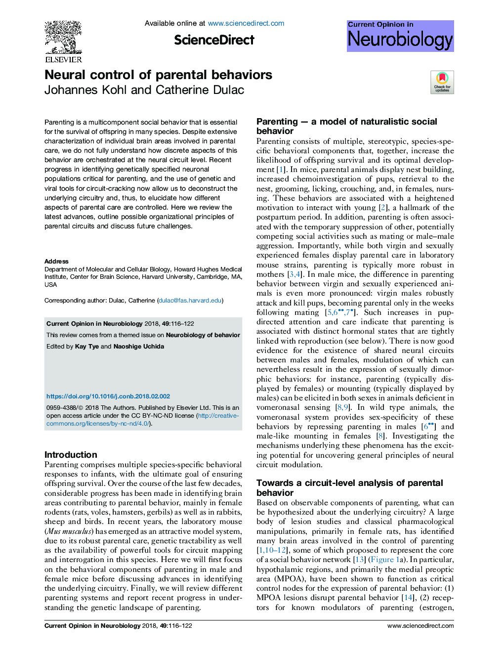 Neural control of parental behaviors