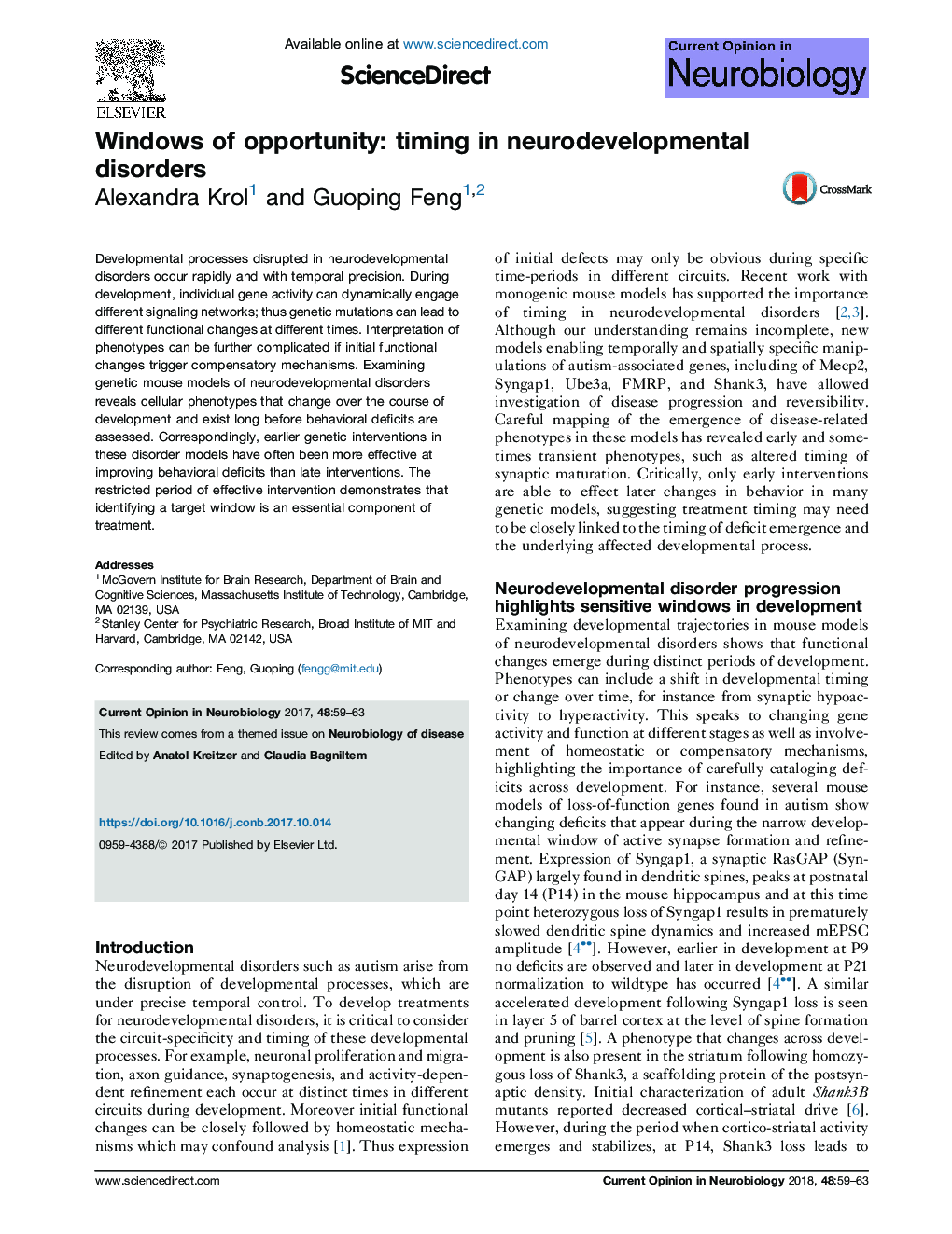 Windows of opportunity: timing in neurodevelopmental disorders