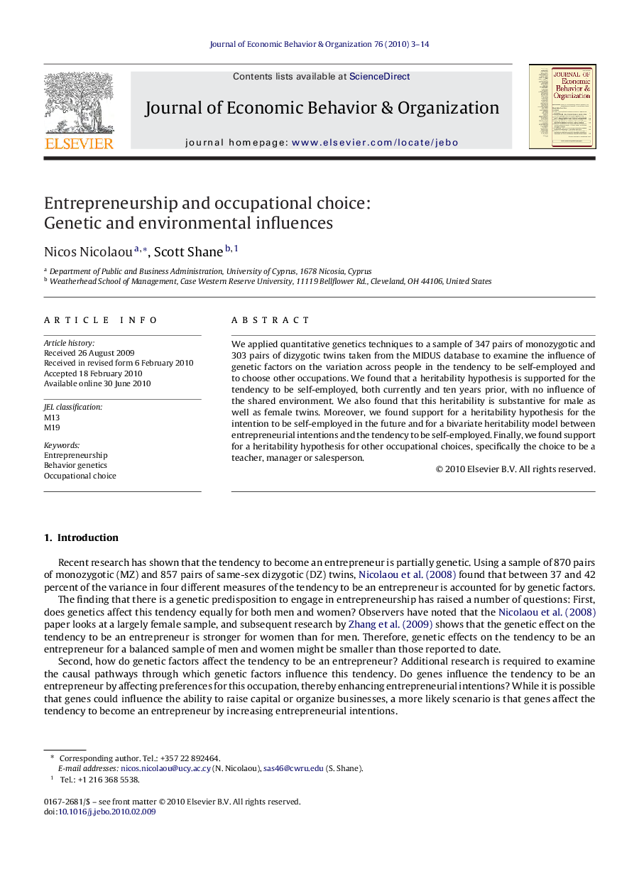 Entrepreneurship and occupational choice: Genetic and environmental influences