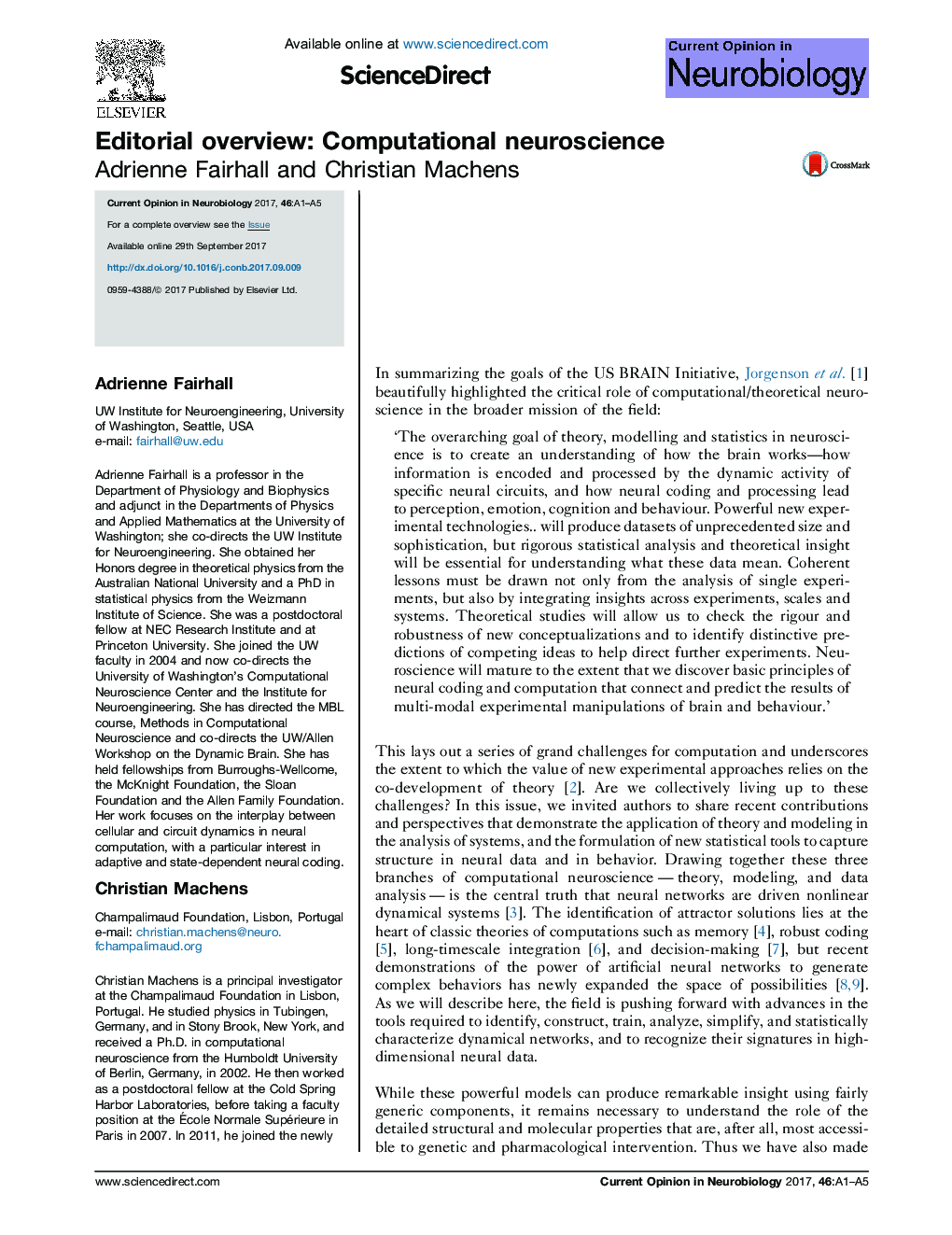 Editorial overview: Computational neuroscience