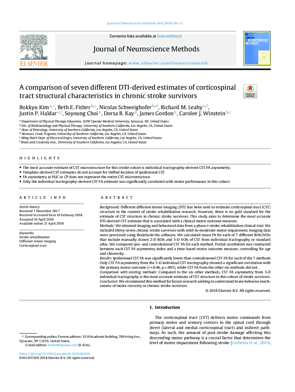 A comparison of seven different DTI-derived estimates of corticospinal tract structural characteristics in chronic stroke survivors