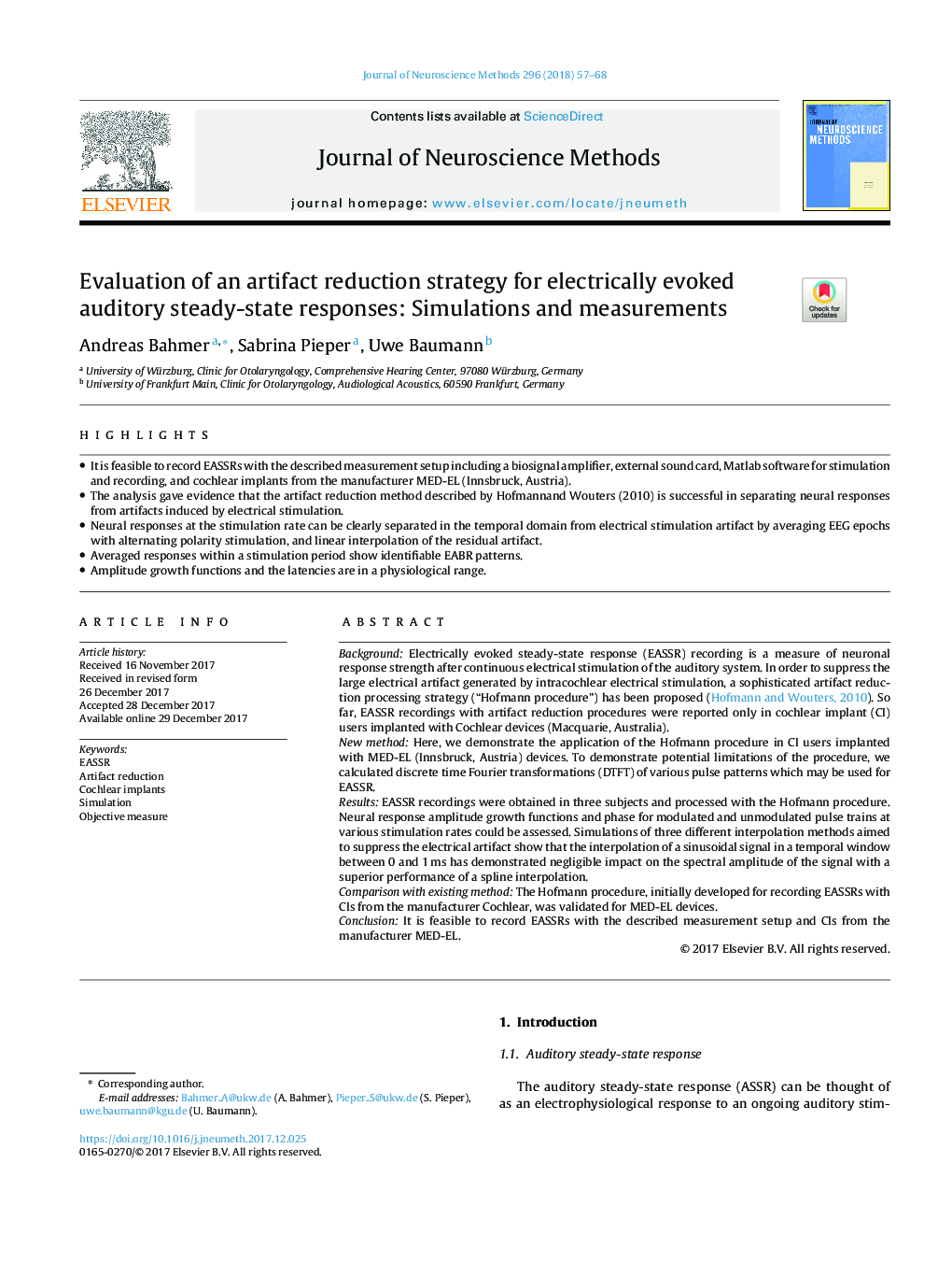 Evaluation of an artifact reduction strategy for electrically evoked auditory steady-state responses: Simulations and measurements