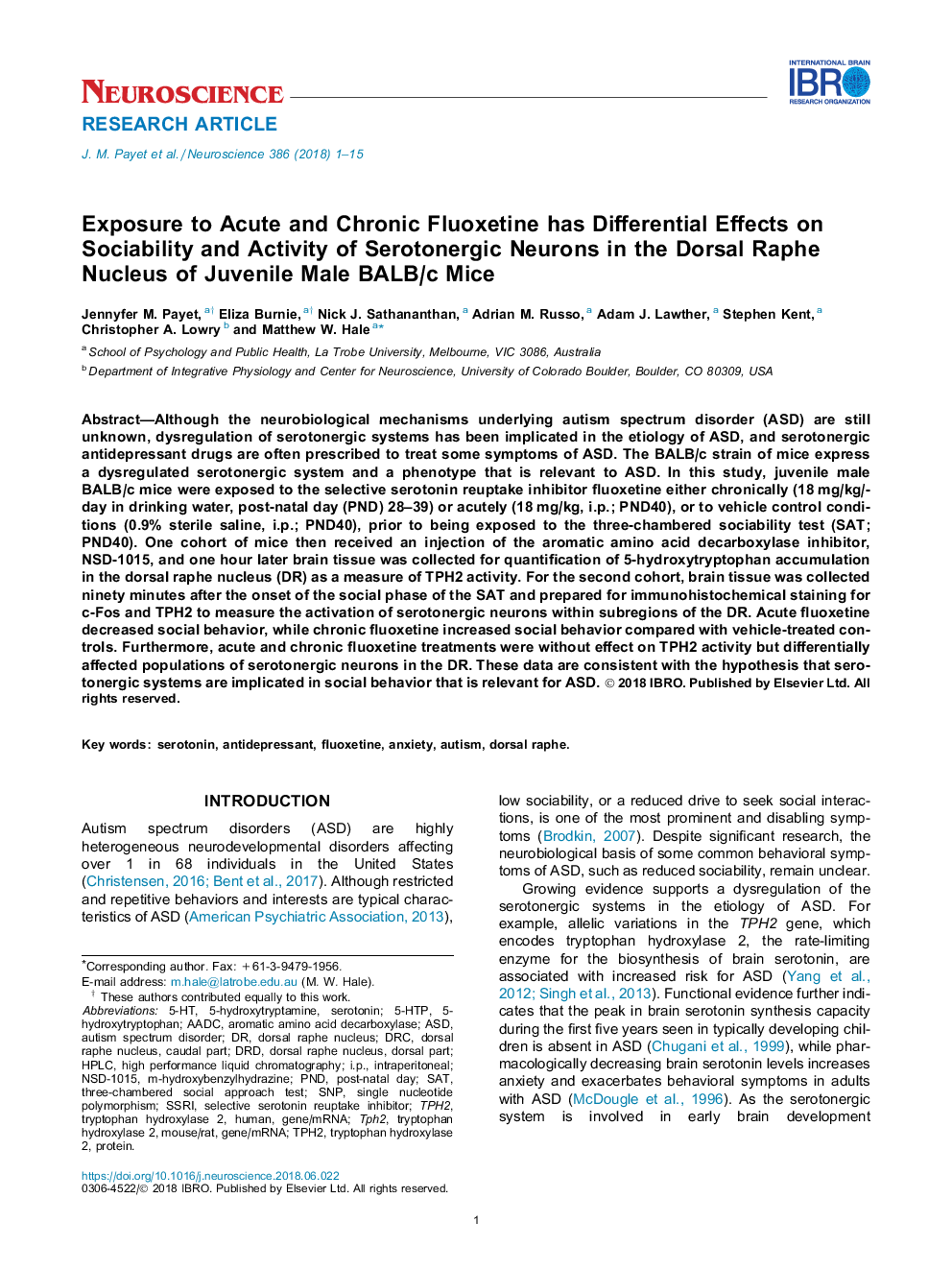 Exposure to Acute and Chronic Fluoxetine has Differential Effects on Sociability and Activity of Serotonergic Neurons in the Dorsal Raphe Nucleus of Juvenile Male BALB/c Mice