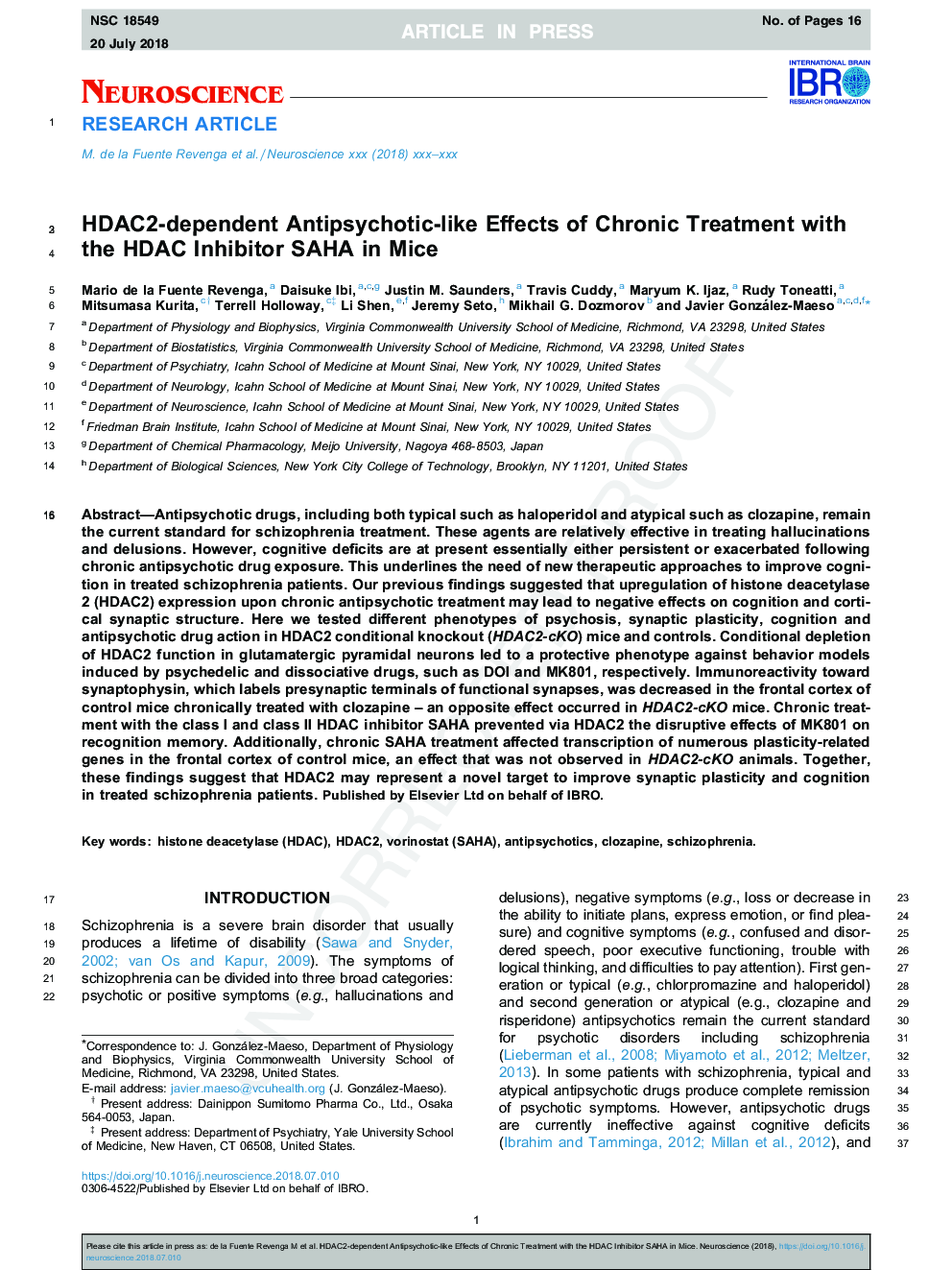 HDAC2-dependent Antipsychotic-like Effects of Chronic Treatment with the HDAC Inhibitor SAHA in Mice