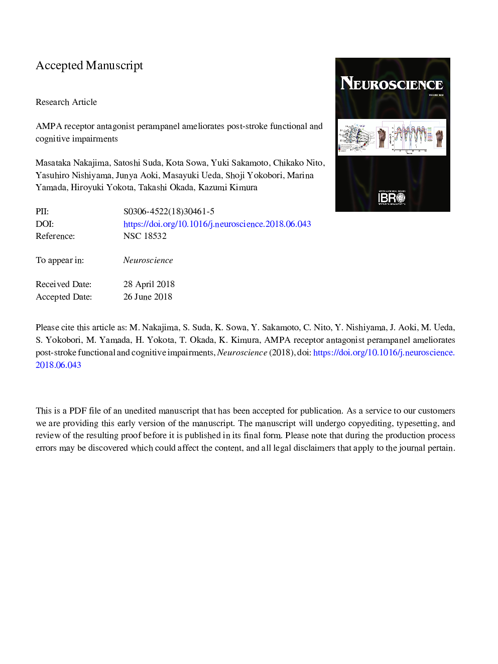 AMPA Receptor Antagonist Perampanel Ameliorates Post-Stroke Functional and Cognitive Impairments