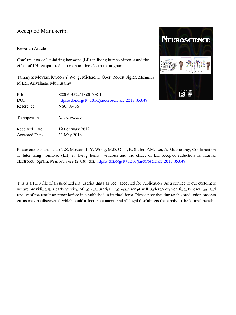 Confirmation of Luteinizing Hormone (LH) in Living Human Vitreous and the Effect of LH Receptor Reduction on Murine Electroretinogram