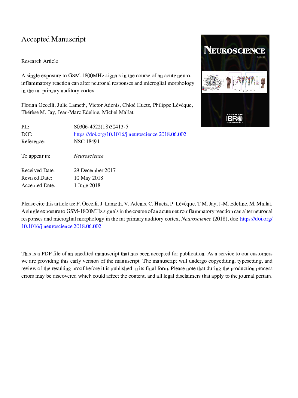 A Single Exposure to GSM-1800â¯MHz Signals in the Course of an Acute Neuroinflammatory Reaction can Alter Neuronal Responses and Microglial Morphology in the Rat Primary Auditory Cortex