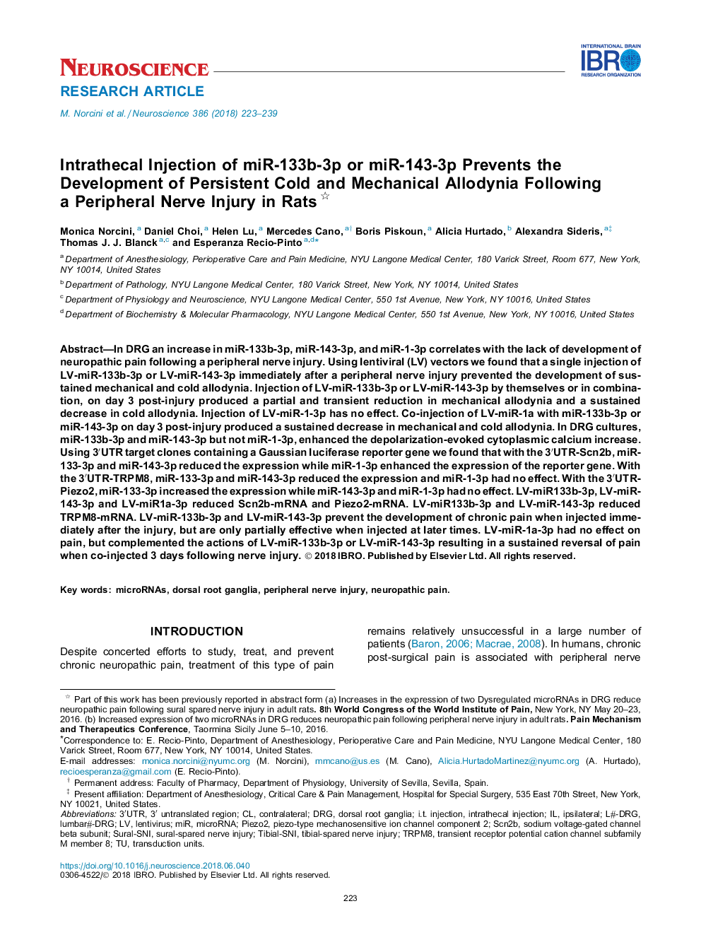 Intrathecal Injection of miR-133b-3p or miR-143-3p Prevents the Development of Persistent Cold and Mechanical Allodynia Following a Peripheral Nerve Injury in Rats