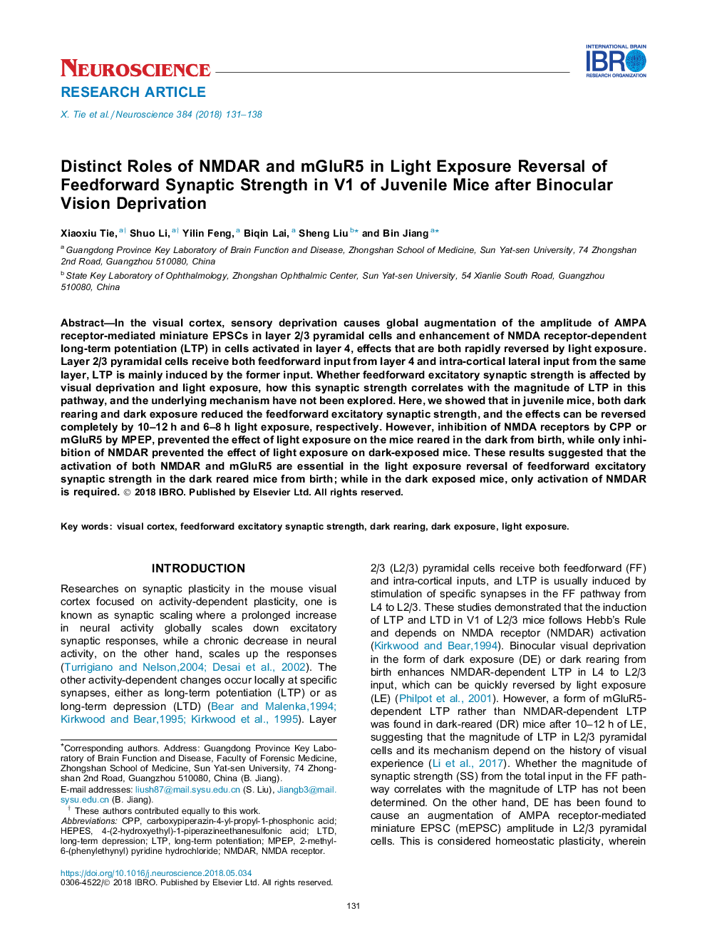 Distinct Roles of NMDAR and mGluR5 in Light Exposure Reversal of Feedforward Synaptic Strength in V1 of Juvenile Mice after Binocular Vision Deprivation