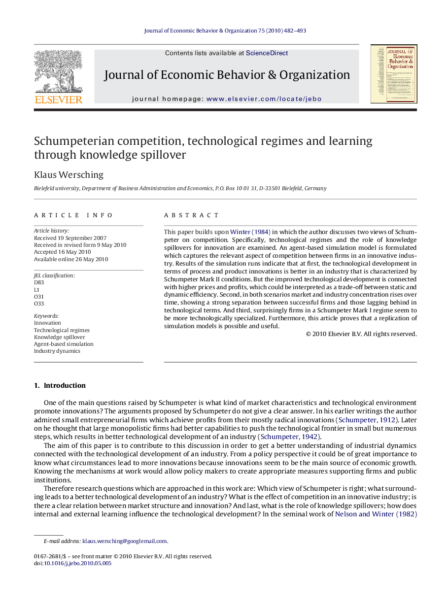 Schumpeterian competition, technological regimes and learning through knowledge spillover