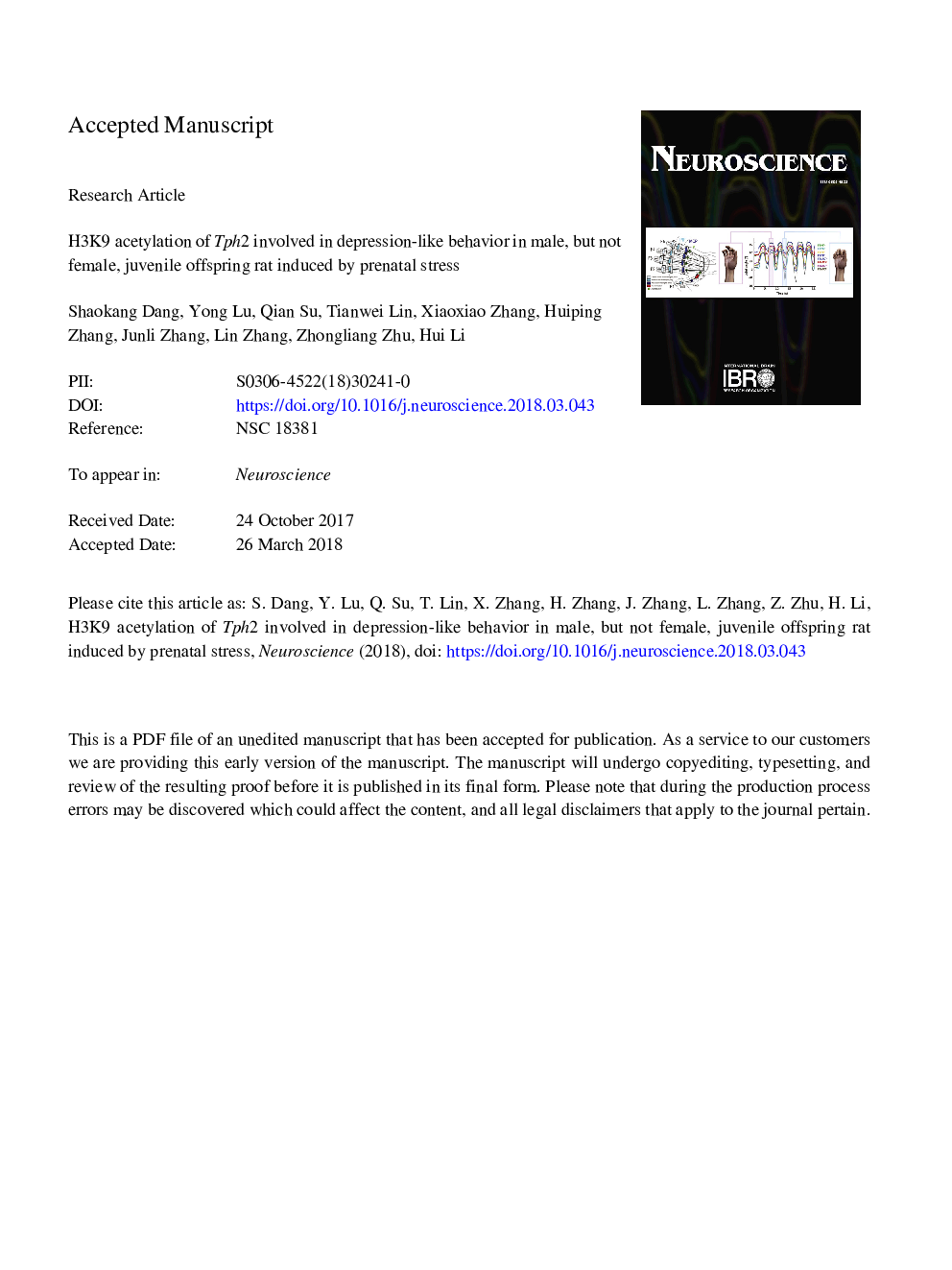 H3K9 Acetylation of Tph2 Involved in Depression-like Behavior in Male, but not Female, Juvenile Offspring Rat Induced by Prenatal Stress